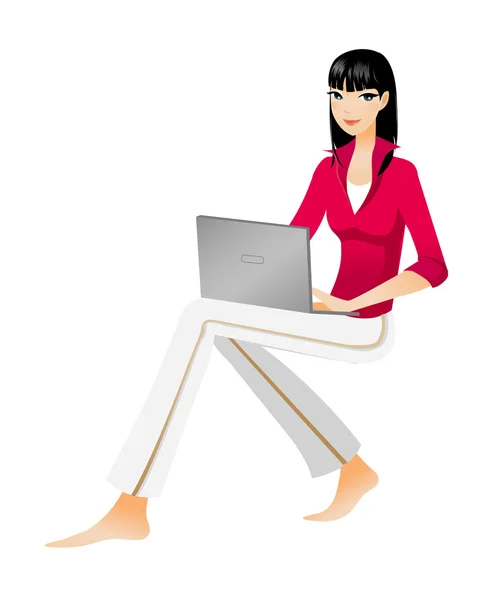 Retrato de uma mulher sentada em um sofá e usando um laptop —  Vetores de Stock