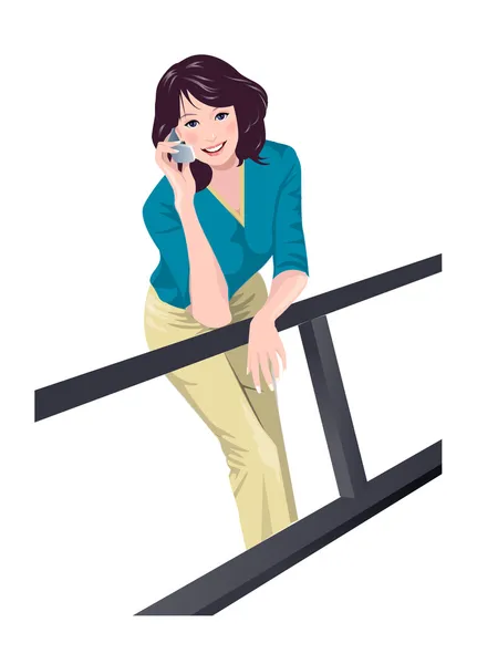 Porträt einer Frau, die sich an ein Geländer lehnt und mit einem Mobiltelefon spricht — Stockvektor