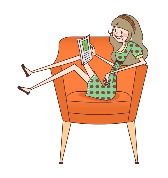 Söt tjej läser en bok som sitter på soffan — Stock vektor