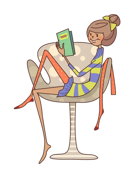 Linda chica lee libro en una silla — Vector de stock