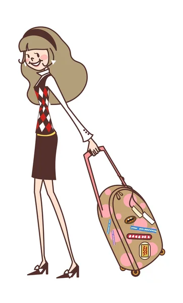 Vue latérale de la femme marchant avec une valise — Image vectorielle