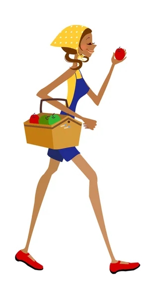 Mulher carrega cesta de frutas —  Vetores de Stock