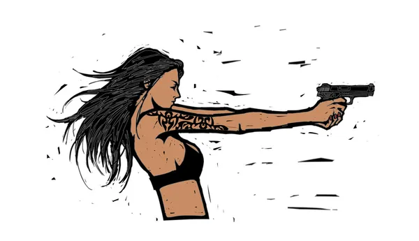 Perfil lateral de una mujer disparando con una pistola — Vector de stock