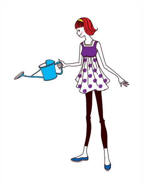 Side view of woman holding watering can — Stock Vector