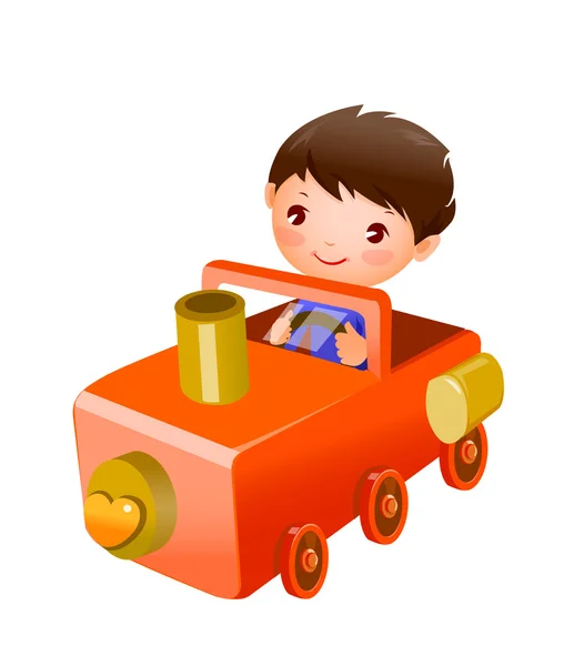 Junge spielt mit fahrendem Spielzeugauto — Stockvektor