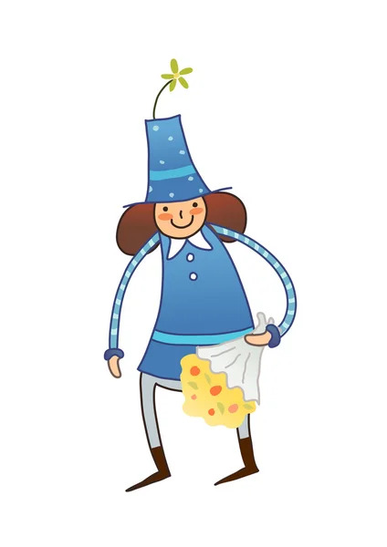 Chica en vestido de fiesta con un ramo de flores sobre un fondo blanco — Vector de stock