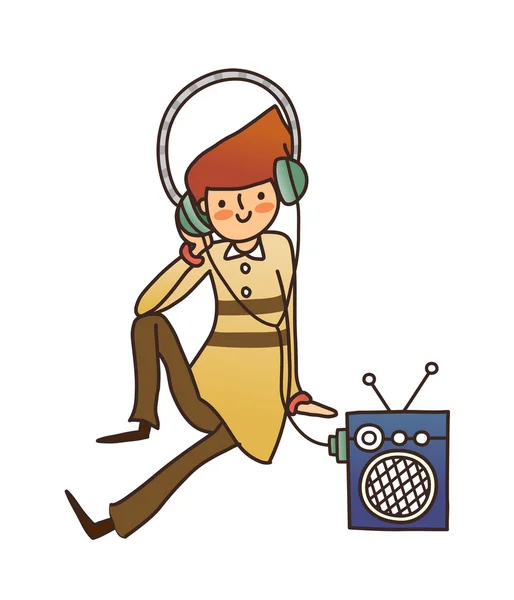 Niño con una grabadora con auriculares escuchando música sobre un fondo blanco — Vector de stock
