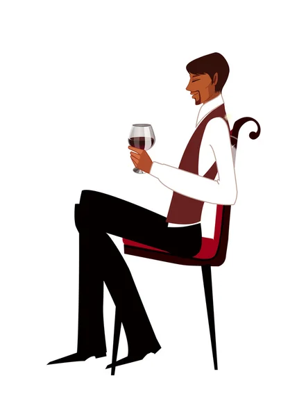 Hombre guapo y elegante con una copa de vino tinto sentado en una silla — Vector de stock