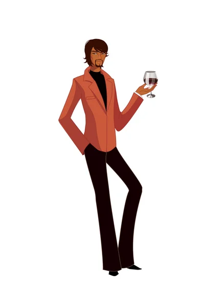 Homem elegante atraente com um copo de vinho tinto em um fundo branco —  Vetores de Stock