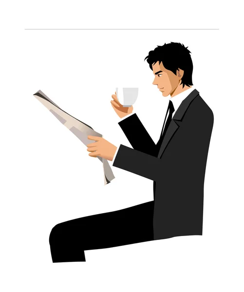 Uomo d'affari che legge un giornale e beve caffè — Vettoriale Stock