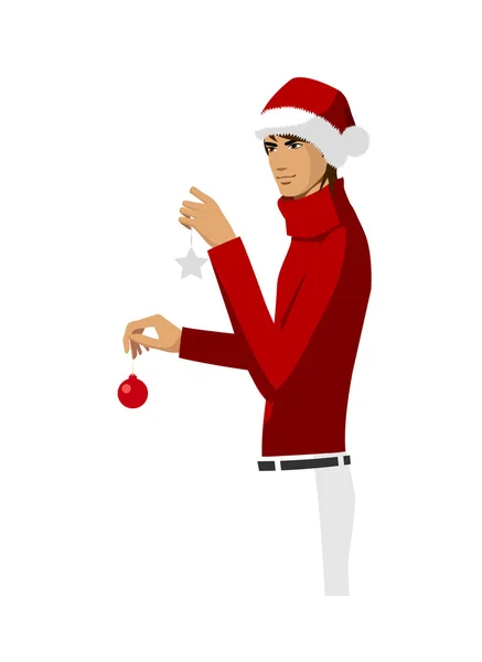 Man in Santa Claus hat holding a Christmas decoration — Stock Vector
