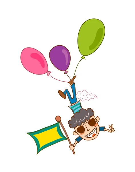 Αστείο χαρακτήρα με σημαία μύγες που συνδέεται με ένα μπαλόνι — Διανυσματικό Αρχείο