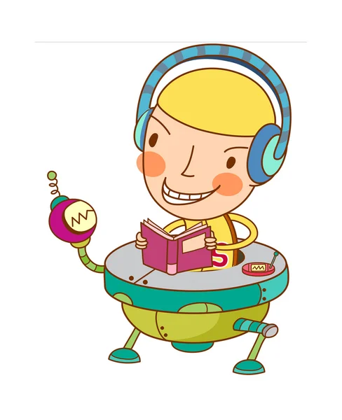Funny boy with headphones reading a book — Stock Vector