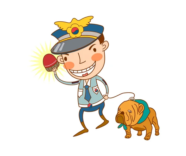 Забавный полицейский ведет собаку на поводке — стоковый вектор