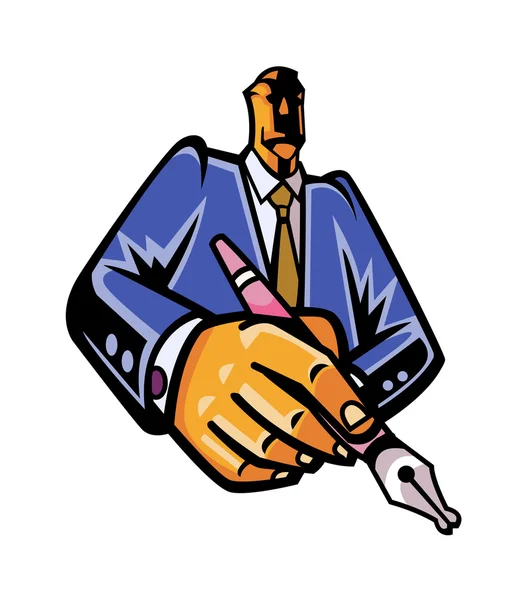 Close-up of a businessman holding a pen on a white background — Stock Vector