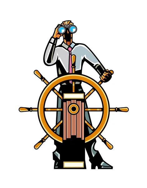 Businessman at the helm of the ship looking through binoculars — Stock vektor