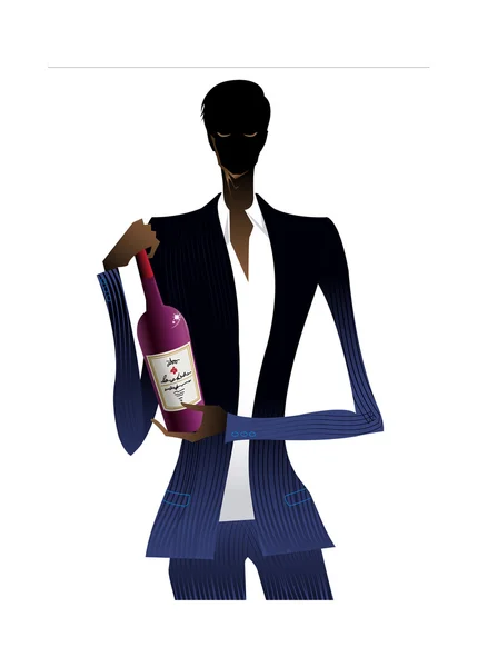 Silhouette di un uomo elegante che tiene una bottiglia di alcol costoso — Vettoriale Stock