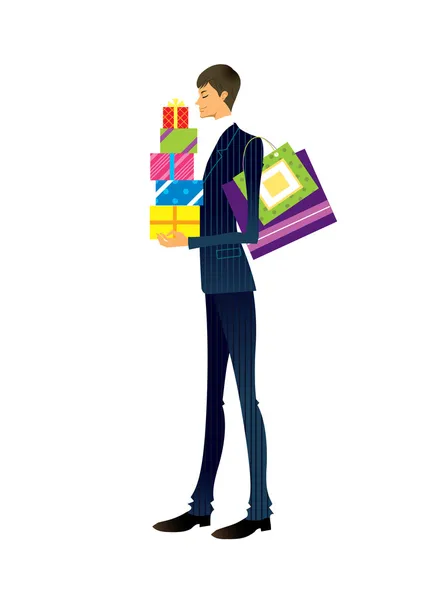 Stylish man holding holiday gifts — Stock Vector