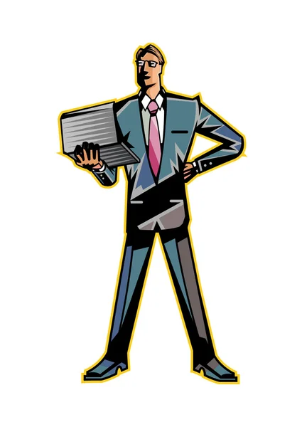 Businessman holding a laptop on white background — Stock Vector