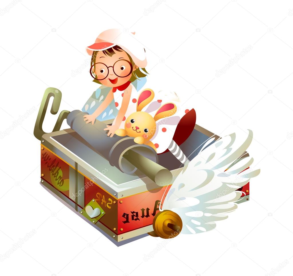 Girl flying on a box with a rabbit