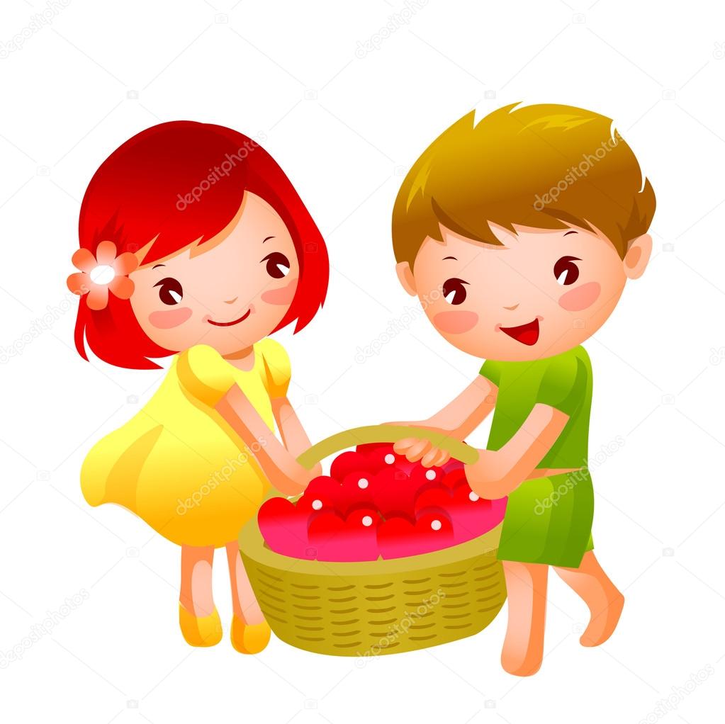 Girl and Boy carrying heart shape fruits in a basket