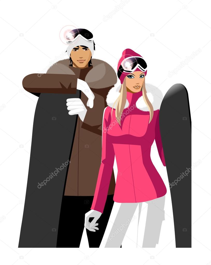 Couple with snowboards, wearing skiing outfits