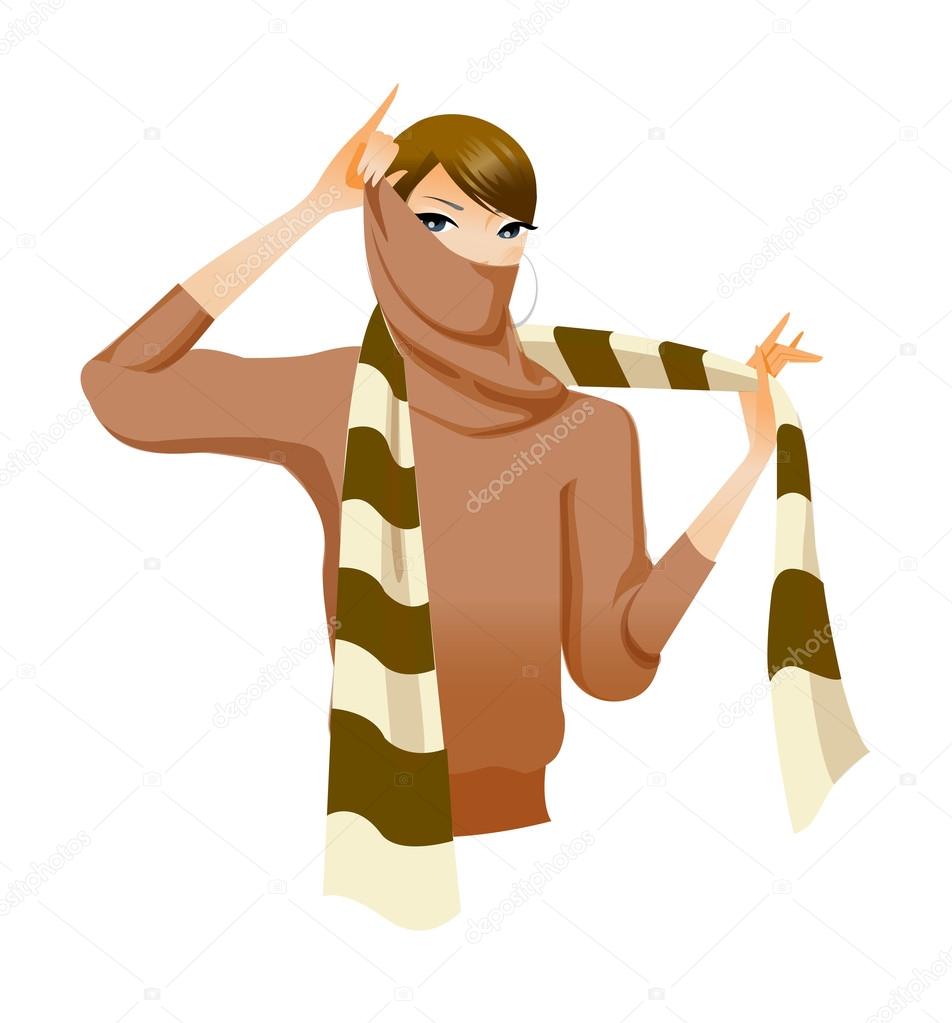 Portrait of a woman covering her mouth with a scarf