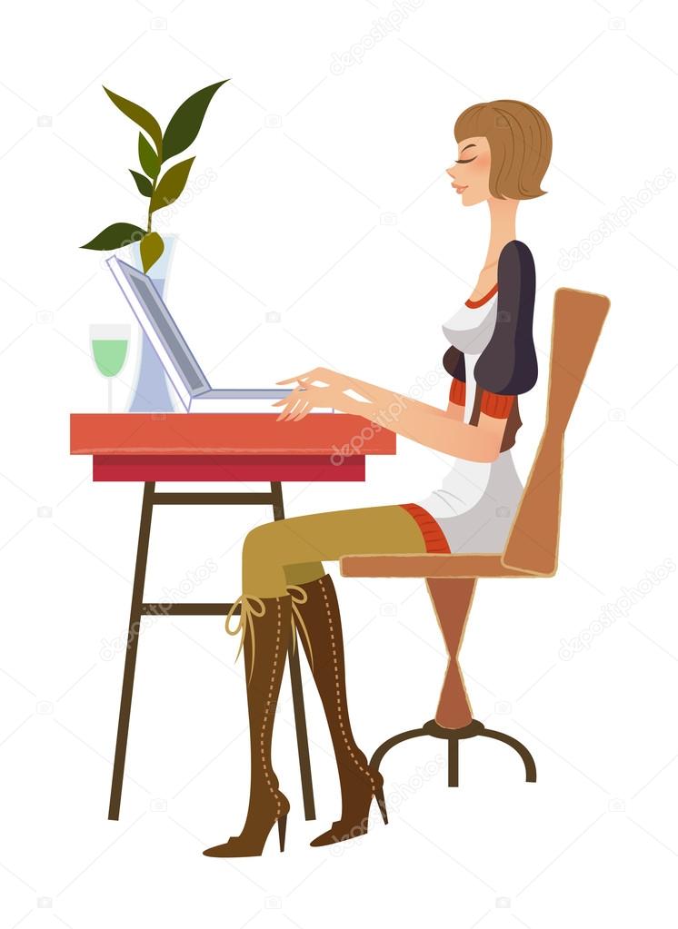 Side view of woman sitting on computer