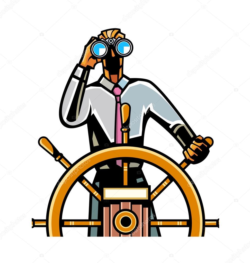 Businessman at the helm of the ship looking through binoculars