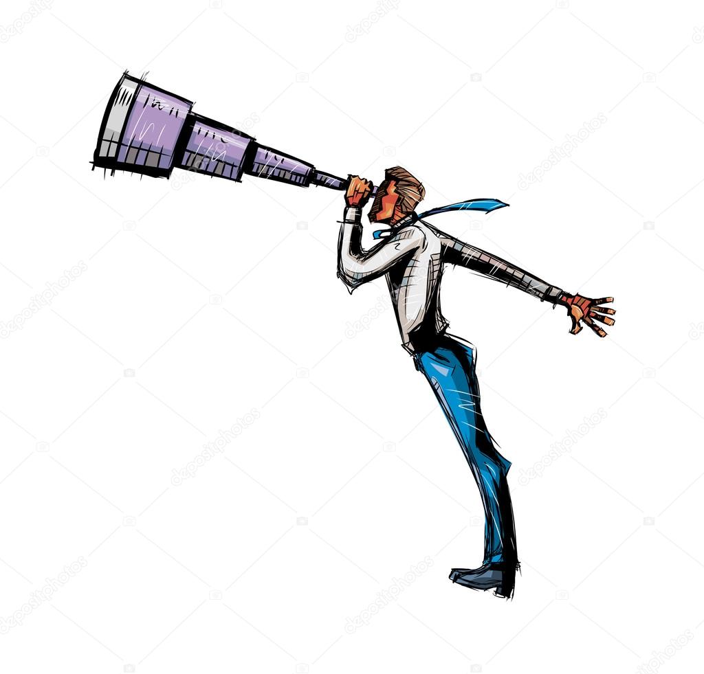 Businessman looking through a telescope on a white background