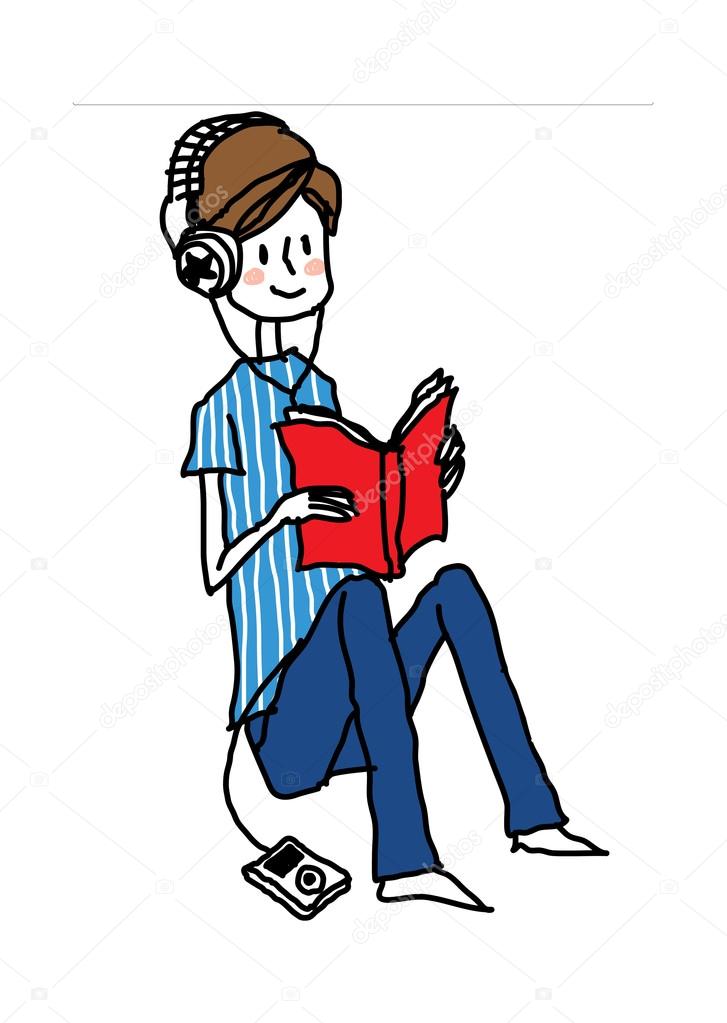 Guy listening to music and consider the book