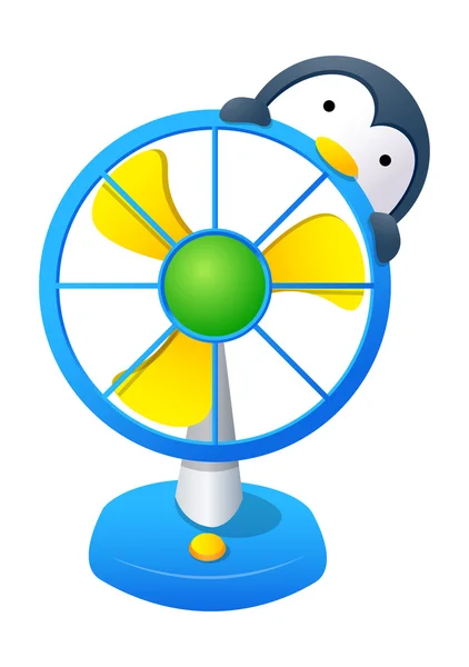 Penguin looks out of the blue fan — Stock Vector