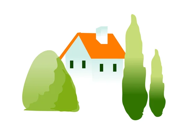 Gebouw met de oranje dak en bomen — Stockvector
