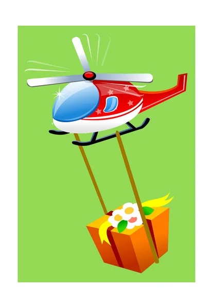 Red helicopter transported a gift box — Stock Vector