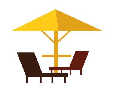 Sarı şemsiye ve kahverengi sandalyeler