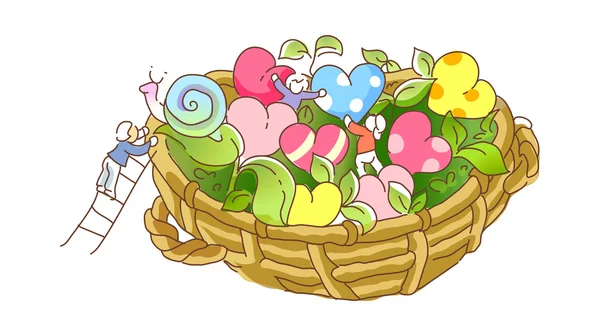 Basket with colorful hearts — Stock Vector