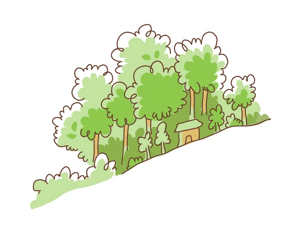 Bosque verde y casa — Vector de stock