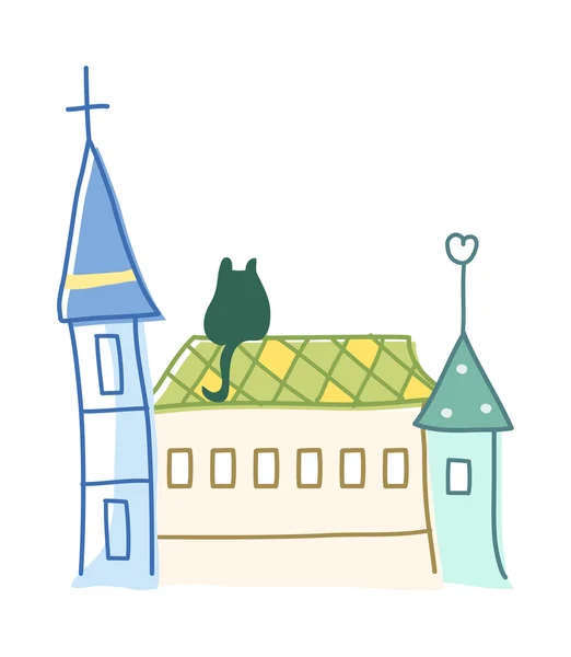 Iglesia y gato — Vector de stock
