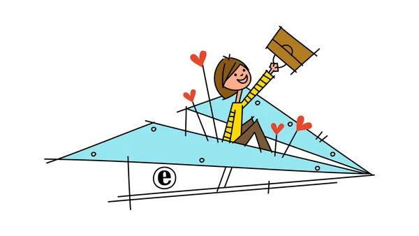 Junge sitzt auf einem Papierflugzeug — Stockvektor