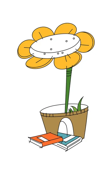 Sunflower in a pot and books — Stock Vector