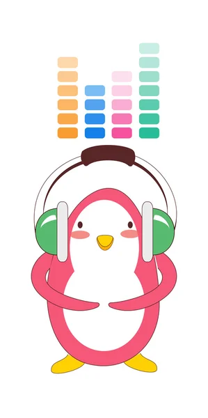 Red penguin is listening to music — Stock Vector