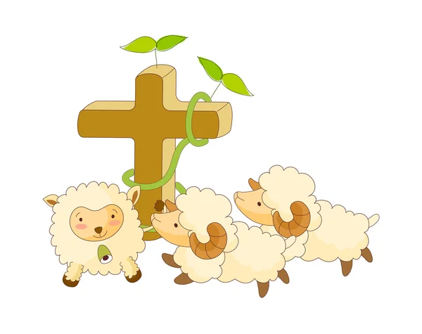 Croix en bois et moutons — Image vectorielle