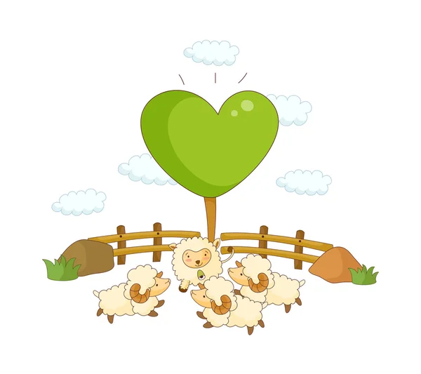 Coeur vert et moutons — Image vectorielle