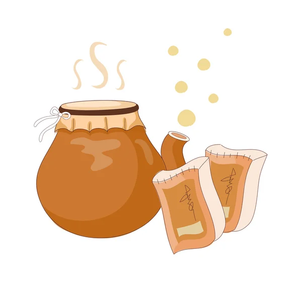 Clay kettle and tea — Stock Vector