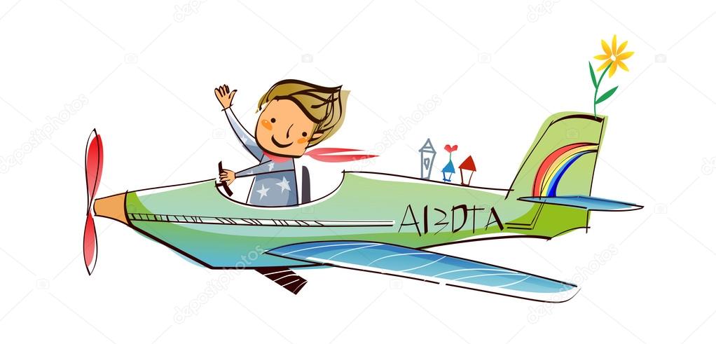 Boy flying on a plane