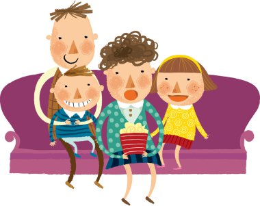 Patlamış Mısır ile kanepede oturan aile