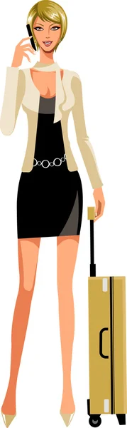 Woman with phone and luggage — Stock Vector