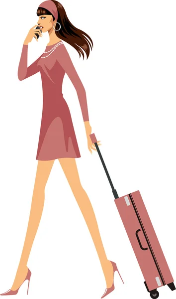 Donna con telefono e bagagli — Vettoriale Stock