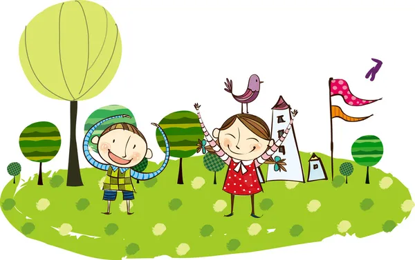 Niños felices jugando al aire libre — Vector de stock