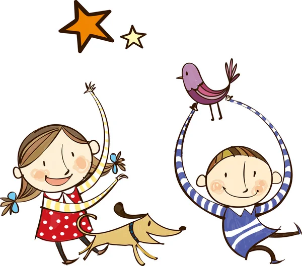Enfants heureux avec des animaux — Image vectorielle